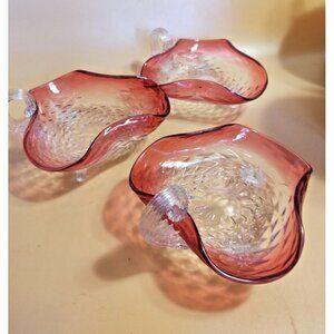 Chalet Glass Canada Cranberry Footed/Handled Candy Dishes Diamond Pattern 1960's